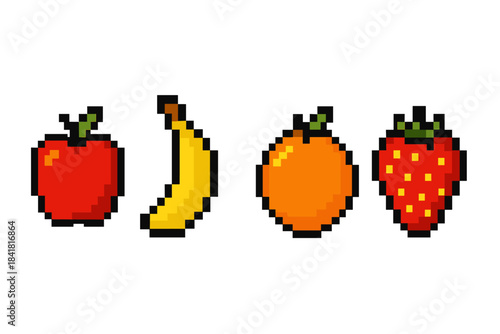 Pixel art of apple, banana, orange, and strawberry on white background
