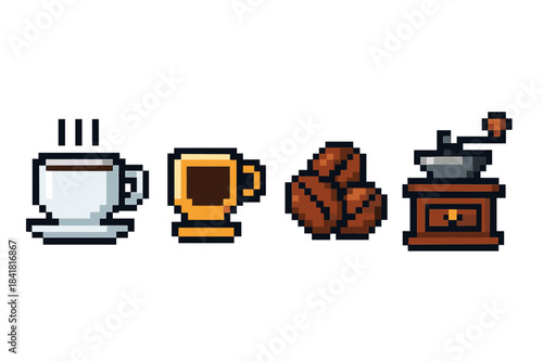 Retro pixel art coffee set with cup, mug, beans, and grinder