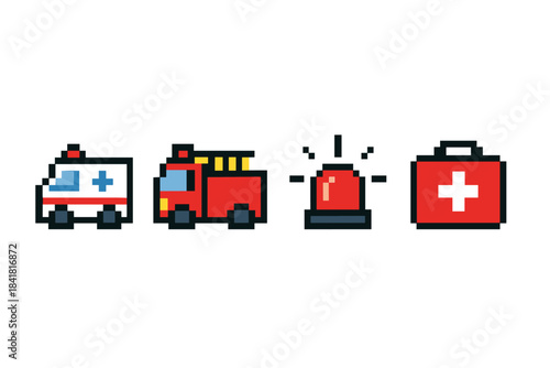 Pixel art emergency icons: ambulance, fire truck, siren, first aid kit