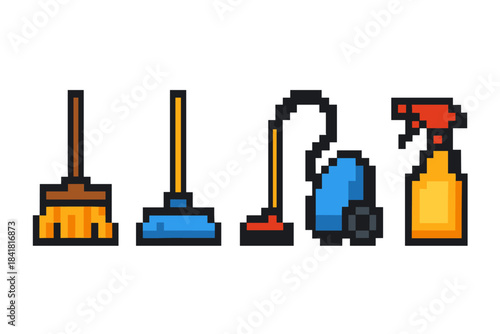 Pixel art cleaning tools: broom, plunger, vacuum, spray bottle