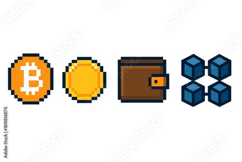Pixel art bitcoin cryptocurrency wallet and blockchain icons