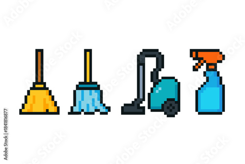 Pixel art cleaning tools: broom, mop, vacuum, spray bottle