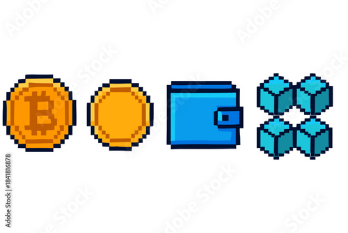 Pixel art cryptocurrency icons: bitcoin, gold coins, wallet, blockchain cubes