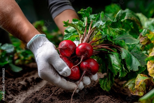 A person with gloved hands lifts red radishes from dark soil. The garden has healthy green leaves around the vegetables. Sunlight shines on the scene