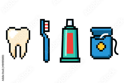 Pixel art dental hygiene icons: toothbrush toothpaste floss