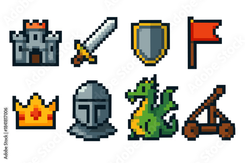Pixel art icons: castle, sword, shield, flag, crown, helmet, dragon, catapult