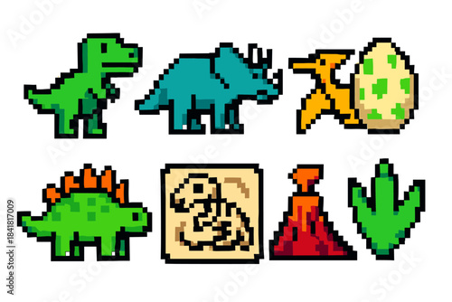 Pixel art dinosaurs and prehistoric elements with fossils