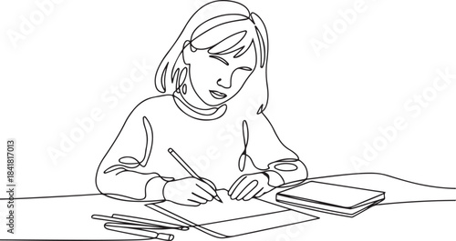 Young girl writing on the paper while studying in front of a not book.one line  vector illustration  with out background