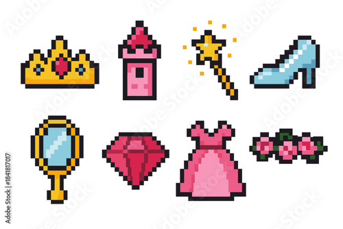 Colorful pixel art: crown, castle, wand, shoe, mirror, gem, dress, flowers