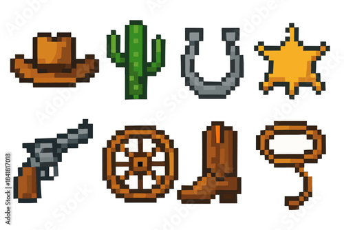 Pixel art western icons: cowboy hat, cactus, horseshoe, star, gun, wagon wheel, boot, lasso