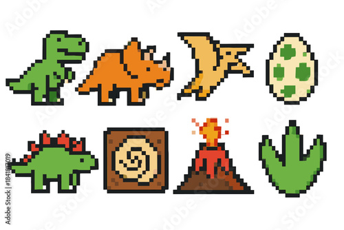 Pixel art dinosaurs: t-rex, triceratops, pterodactyl, egg, and volcano