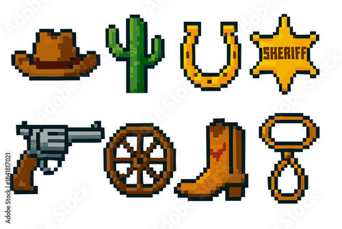 Pixel art western icons: cowboy hat, cactus, horseshoe, sheriff badge, revolver, wagon wheel, boots, handcuffs