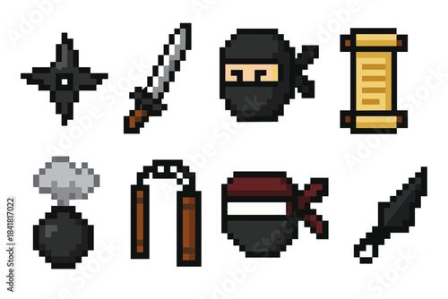 Pixel art ninja icons: shuriken, katana, mask, scroll, bomb, nunchaku, headband, knife