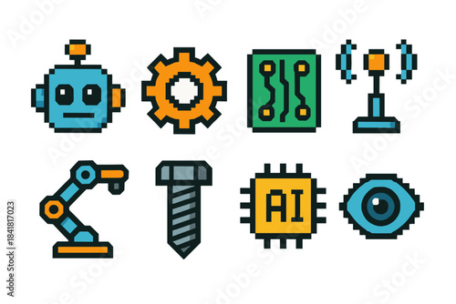 Colorful icons of robotics and technology elements