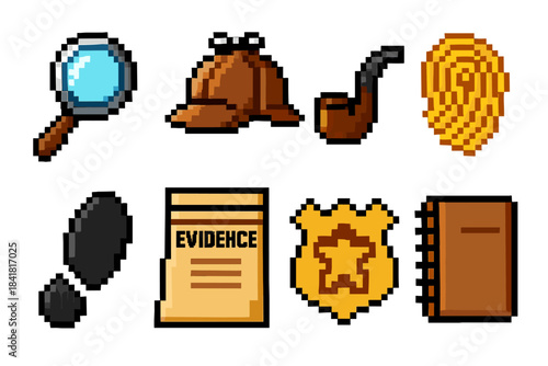 Pixel art detective tools: magnifying glass, hat, pipe, fingerprint, footprints, evidence, badge, notebook