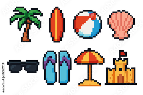 Pixel art summer beach icons: palm, surfboard, ball, shell, sunglasses, sandals, umbrella, sandcastle
