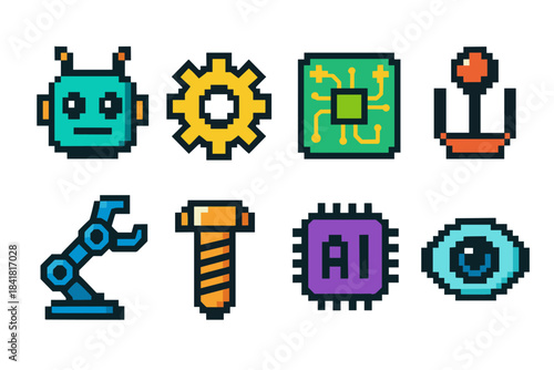 Pixel art icons: robot, gear, circuit, satellite, arm, screw, ai, eye