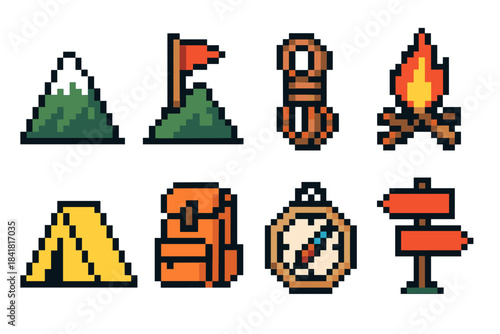 Pixel art camping essentials: mountains, tent, campfire, compass, backpack, signpost, rope, flag