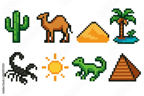 Desert scene pixel art with camel, pyramid, palm tree, sun, scorpion, and cactus