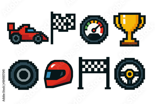 Pixel art racing icons: car, flag, speedometer, trophy, helmet, wheel, steering