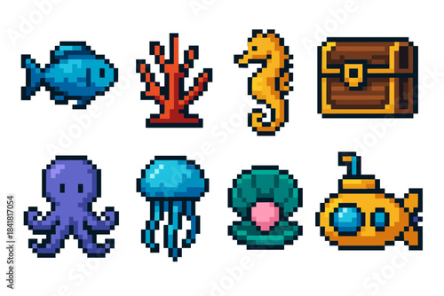Colorful pixel art ocean icons featuring sea life and nautical objects
