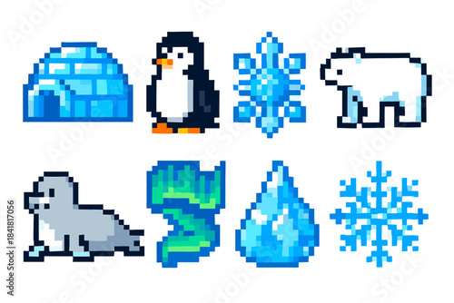 Pixel art winter icons: penguin, igloo, polar bear, seal, ice crystal, snowflake, aurora