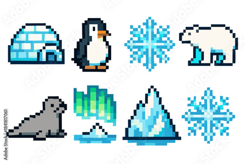 Pixel arctic icons: penguin, igloo, polar bear, northern lights, iceberg, snowflake