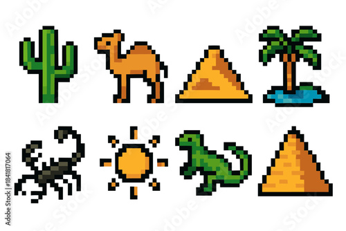 Pixel art desert icons of cactus, camel, pyramids, palm tree, sun, scorpion, and lizard