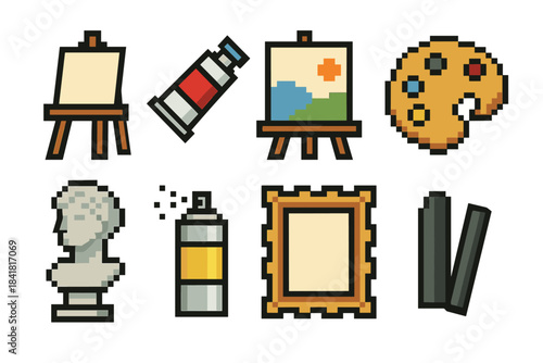 Pixel art icons of painting tools and art supplies on white background