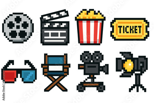 Pixel art cinema icons: film reel, director's chair, popcorn, tickets, camera, film set equipment