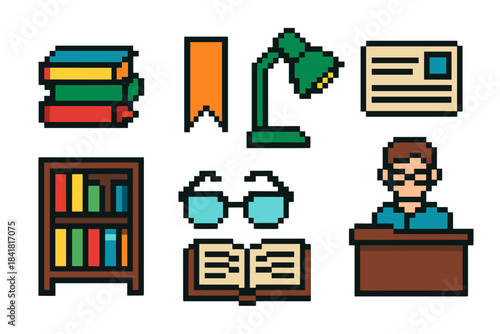 Pixel art study icons: books, lamp, bookmark, desk, and eyeglasses