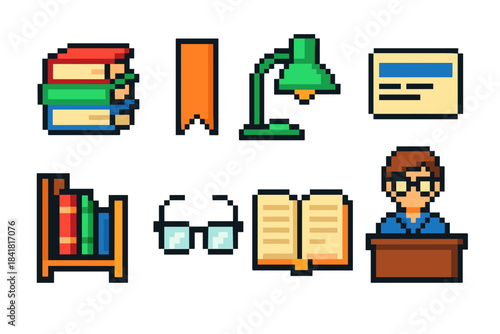 Pixel art icons of books, lamp, bookmark, and desk setup