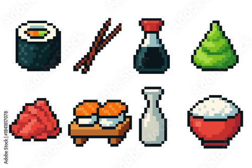 Pixel art icons of sushi, chopsticks, soy sauce, wasabi, and sake set