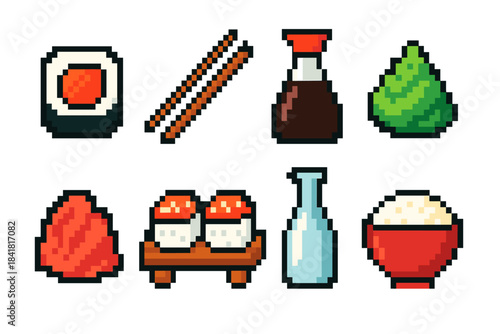 Pixel art sushi icons featuring rolls, chopsticks, soy sauce, wasabi, and rice bowl