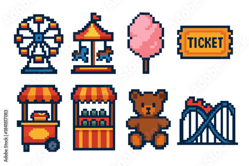 Pixel art carnival icons: ferris wheel, carousel, cotton candy, ticket, food stands, teddy bear, roller coaster