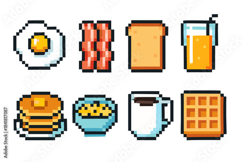 Pixel art breakfast icons: eggs, bacon, toast, juice, pancakes, cereal, milk, waffle