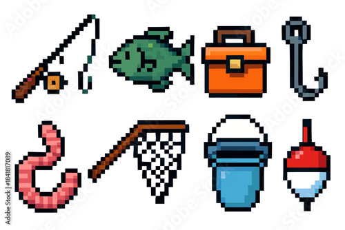 Pixel art fishing gear: rod, fish, tackle box, hook, shrimp, net, bucket, bobber