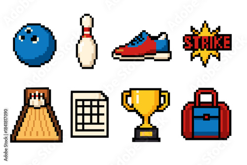 Pixel art bowling elements: ball, pin, shoe, strike, alley, scorecard, trophy, bag