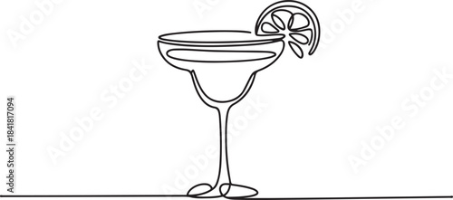 Glass of cocktails in continuous one line drawing. Margarita toast and martini cup in simple linear style. Alcohol drink menu in editable stroke.one line  vector illustration  with out background
