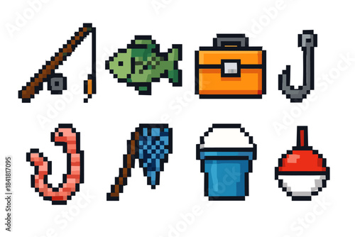 Pixel art fishing icons: rod, fish, tackle box, hook, worm, net, bucket, bobber