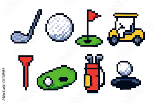 Pixel art golf icons featuring clubs, ball, flag, cart, tee, and bag