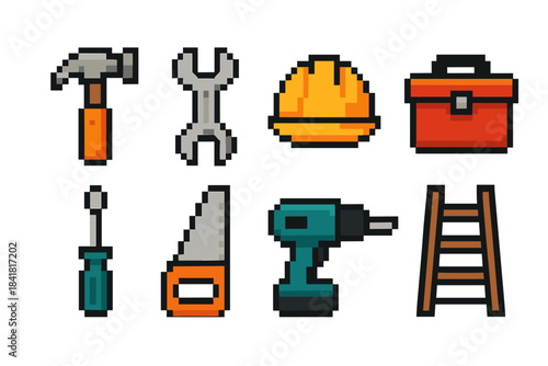 Pixel art construction tools: hammer, wrench, hard hat, toolbox, screwdriver, saw, drill, ladder