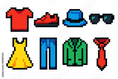 Pixel art clothing items: dress, shoes, hat, sunglasses, shirt, tie, jacket, jeans