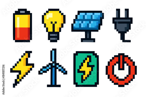 Pixel art energy icons: battery, light bulb, solar panel, and more