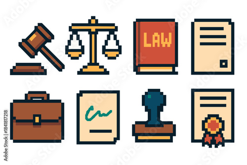 Pixel art legal icons: gavel, scales, and documents collection