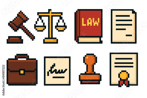 Pixel art legal icons: gavel, scales, law book, contract, briefcase, signature, stamp, certificate