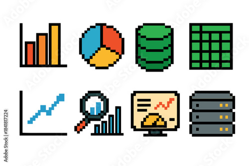 Colorful pixel art representations of graphs, charts, and data icons