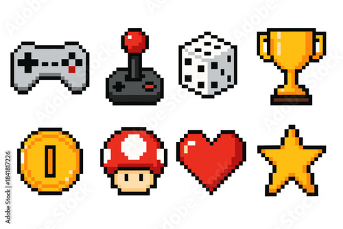 Pixel art gaming icons: controller, joystick, dice, trophy, coin, mushroom, heart, star