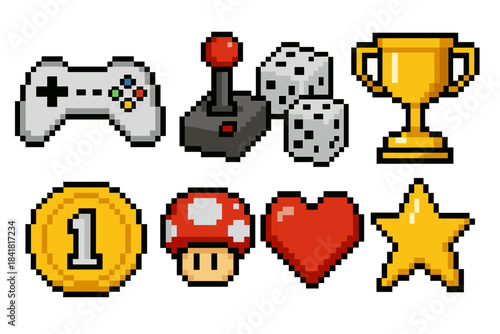 Retro gaming icons with joystick, gamepad, dice, trophy, coin, mushroom, heart, star