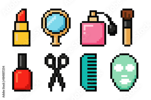 Colorful pixel art of makeup and beauty tools including mirror, lipstick, and more
